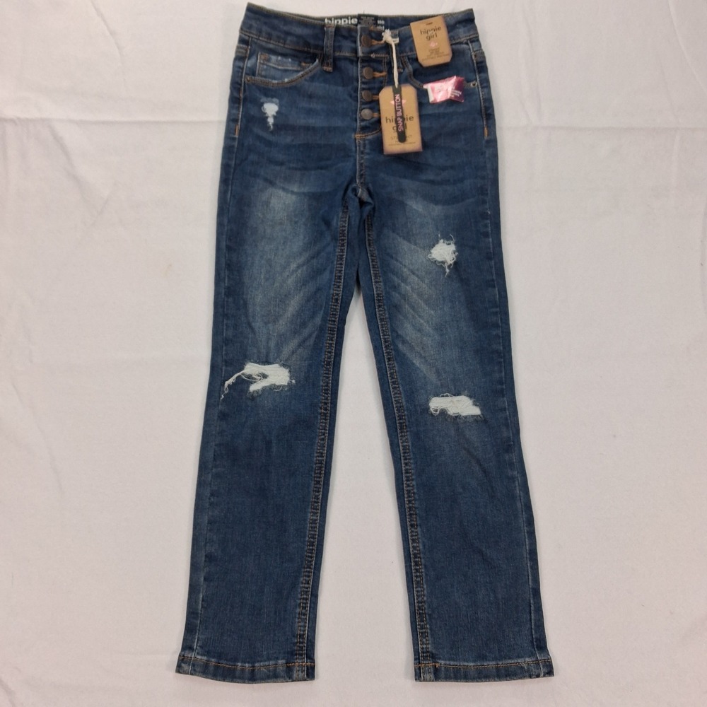 Hippie Girl Jeans Girls Size 6 Straight Mid Rise Blue Distressed NEW